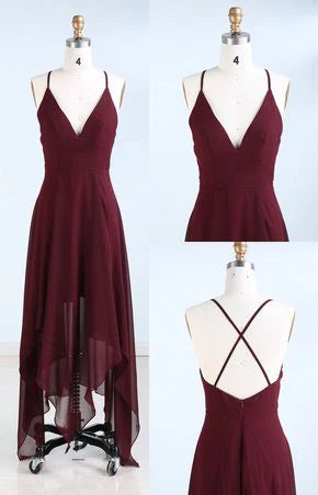 Wine red long dress with deep V-neck and cross straps at the back, irregular skirt with short front and long back,