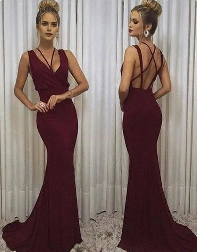 Wine red long dress with deep V-neck and cross straps suitable for dinners, red carpets, parties, etc