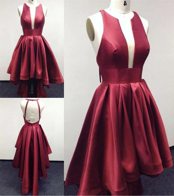 Wine red satin dress, deep V-neck sleeveless design with high waist, short front and long back hem, back hanging neck with hollowed out design suitable for dinner parties
