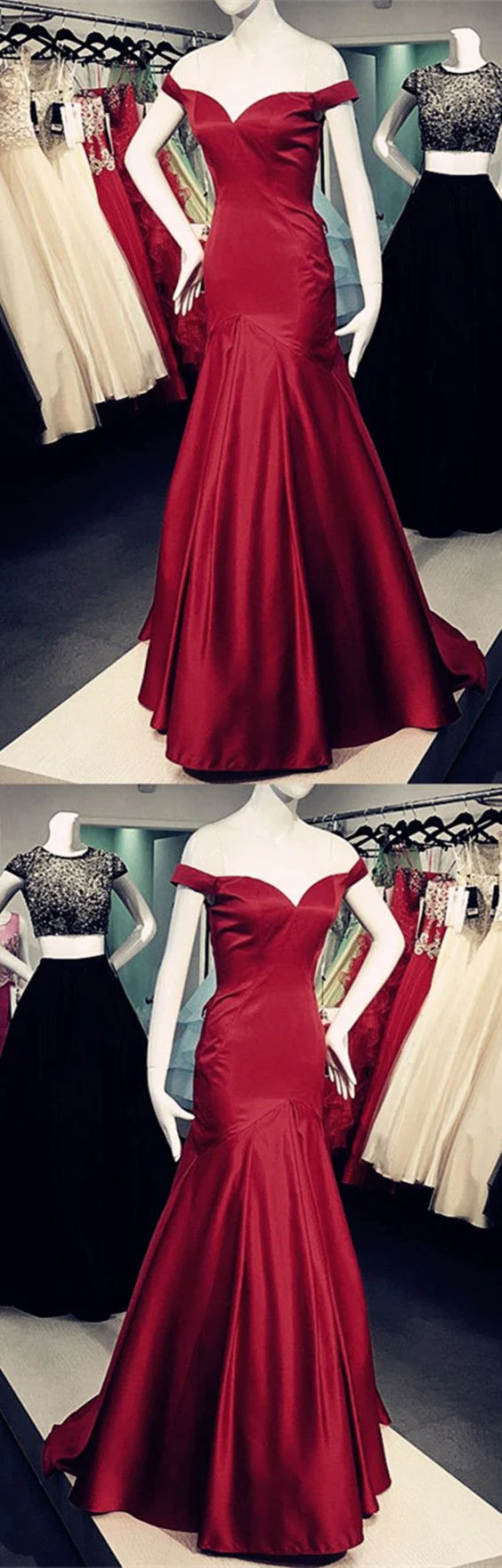 Wine red satin dress with off shoulder heart-shaped neckline and slim fishtail skirt,