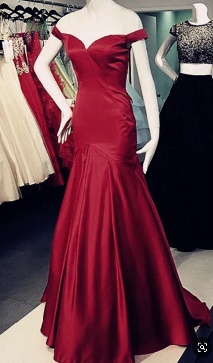 Wine red satin dress with off shoulder heart-shaped neckline and slim fishtail skirt,