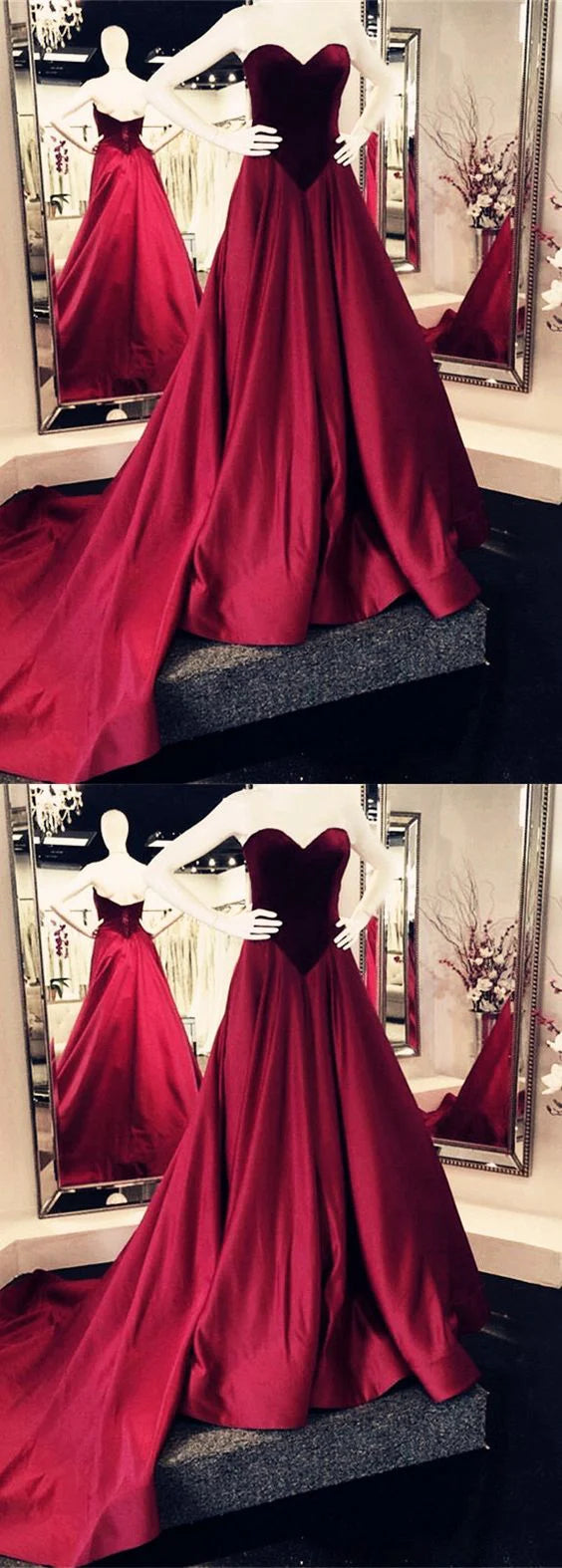 Wine red satin dress with strapless heart-shaped neckline, high waist, and large skirt with trailing hem, suitable for dinner parties