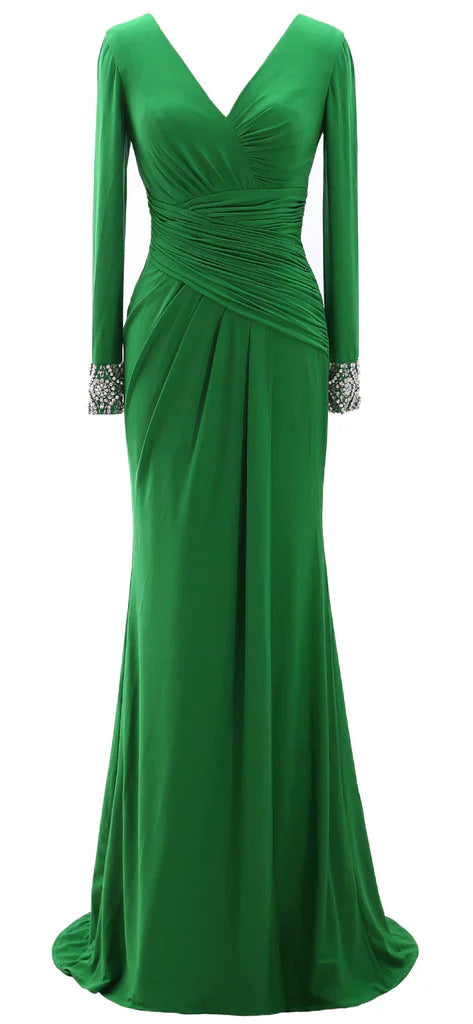 Women Long Mother of Bride Dresses Green Grey Long Sleeve V Neck Evening Dress simple gentle atmospheric and unique desi Bring summer colors to enhance whiteness