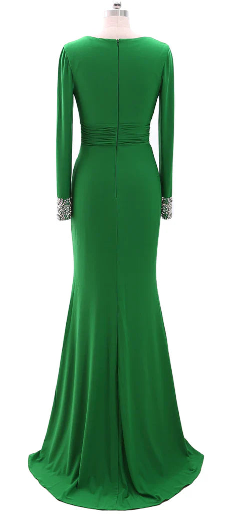 Women Long Mother of Bride Dresses Green Grey Long Sleeve V Neck Evening Dress simple gentle atmospheric and unique desi Bring summer colors to enhance whiteness