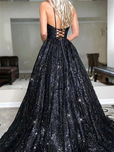 Women's Glittering A-Line Princess Sequin V-neck Sweep/Brush Train Long Prom Dresses simple gentle atmospheric and unique desi Bring summer colors to enhance whiteness ﻿