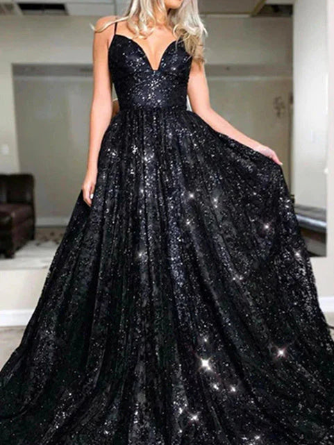 Women's Glittering A-Line Princess Sequin V-neck Sweep/Brush Train Long Prom Dresses simple gentle atmospheric and unique desi Bring summer colors to enhance whiteness ﻿