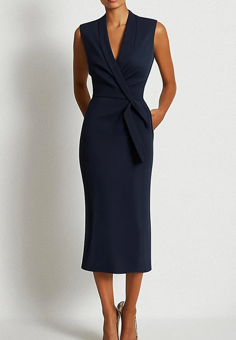 Work Business Dark Blue Dress Sleeveless Pencil V-Neck Sheath Midi Dres simple gentle atmospheric and unique desi Bring summer colors to enhance whiteness