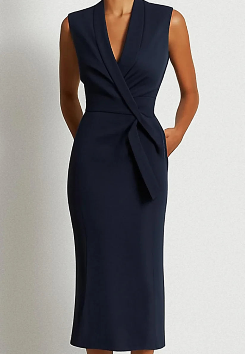 Work Business Dark Blue Dress Sleeveless Pencil V-Neck Sheath Midi Dres simple gentle atmospheric and unique desi Bring summer colors to enhance whiteness