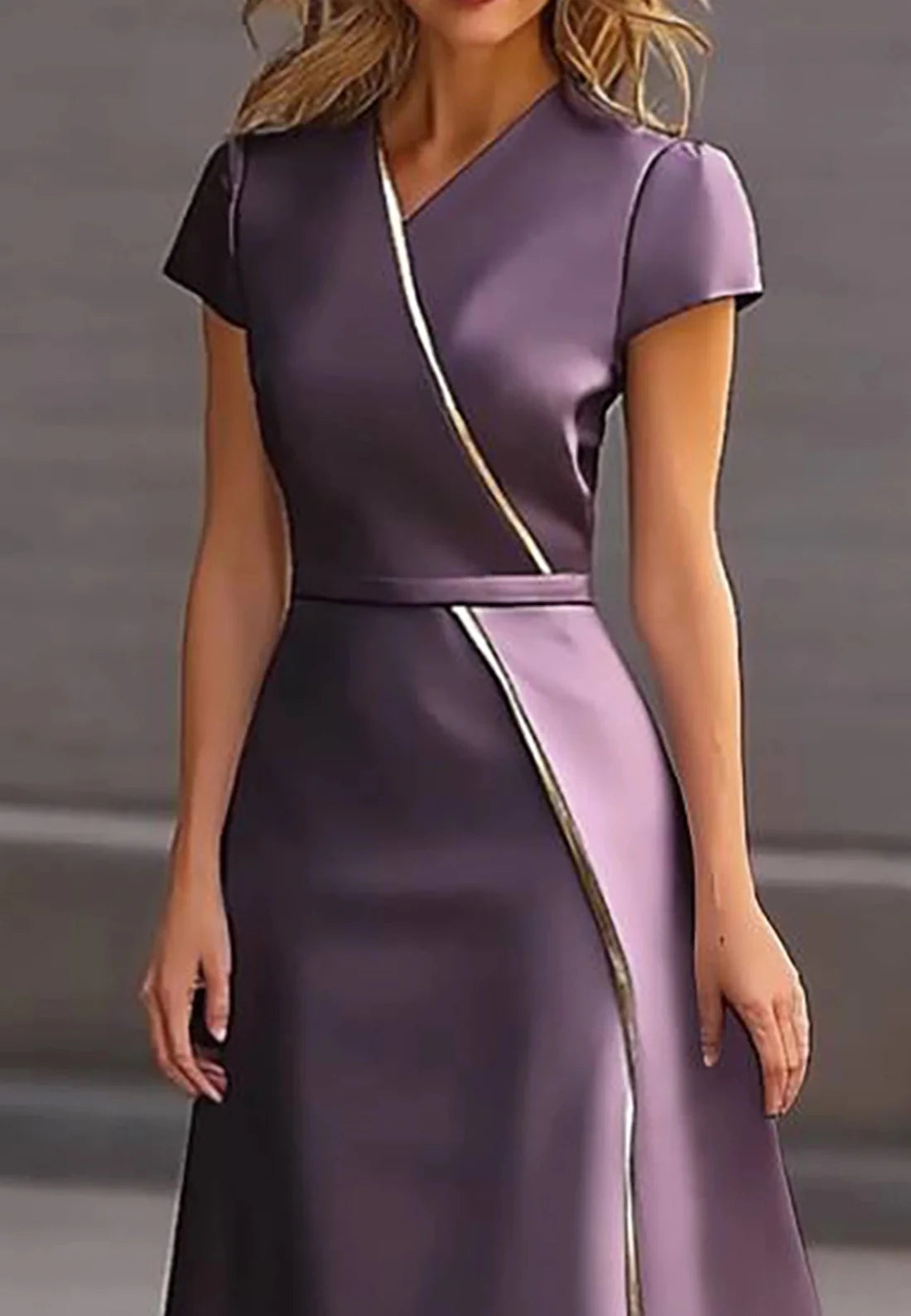 Work Semi-Formal Dress Purple Cross Neck Short Sleeve Midi Dress simple gentle atmospheric and unique desi Bring summer colors to enhance whiteness