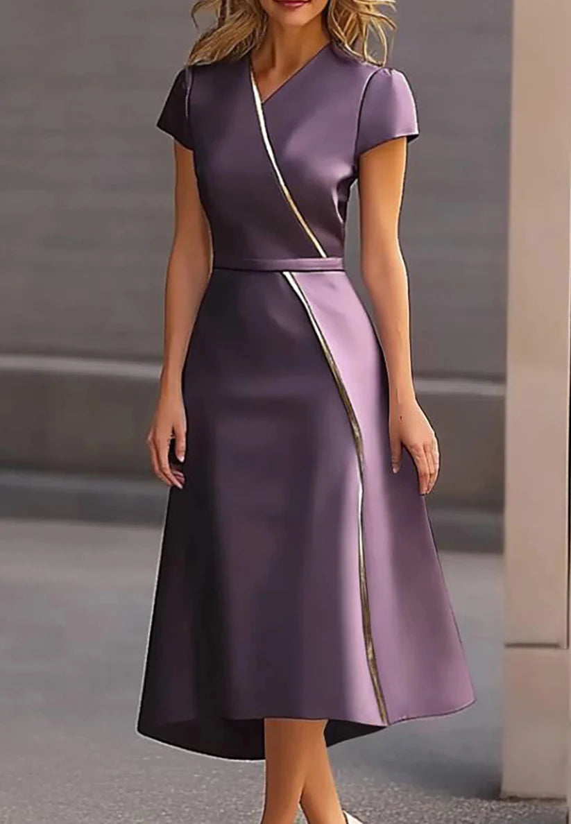 Work Semi-Formal Dress Purple Cross Neck Short Sleeve Midi Dress simple gentle atmospheric and unique desi Bring summer colors to enhance whiteness