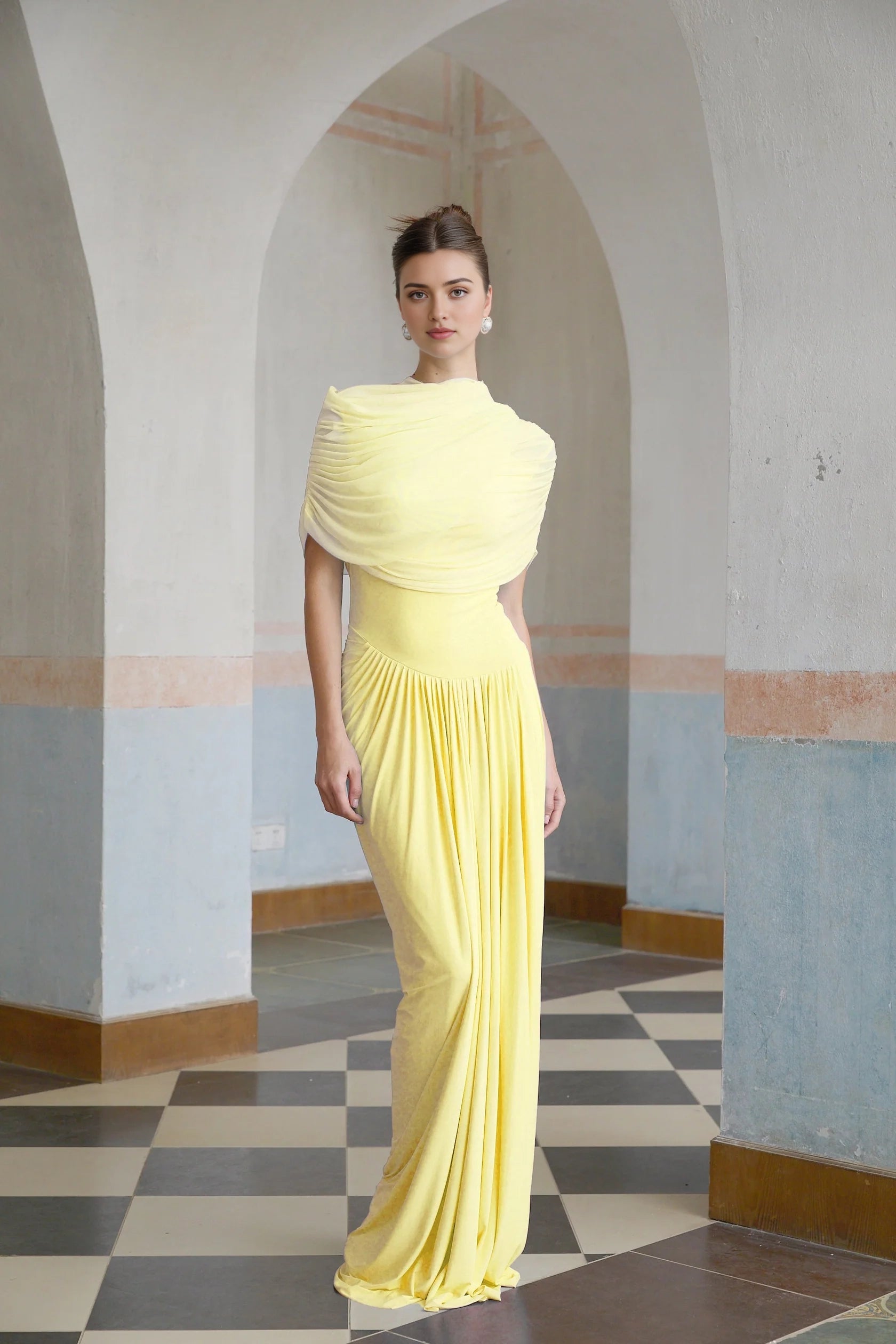 Yellow Draped One - Shoulder Evening Gown asymmetrical pleated maxi dress in Yellow Evening Dress