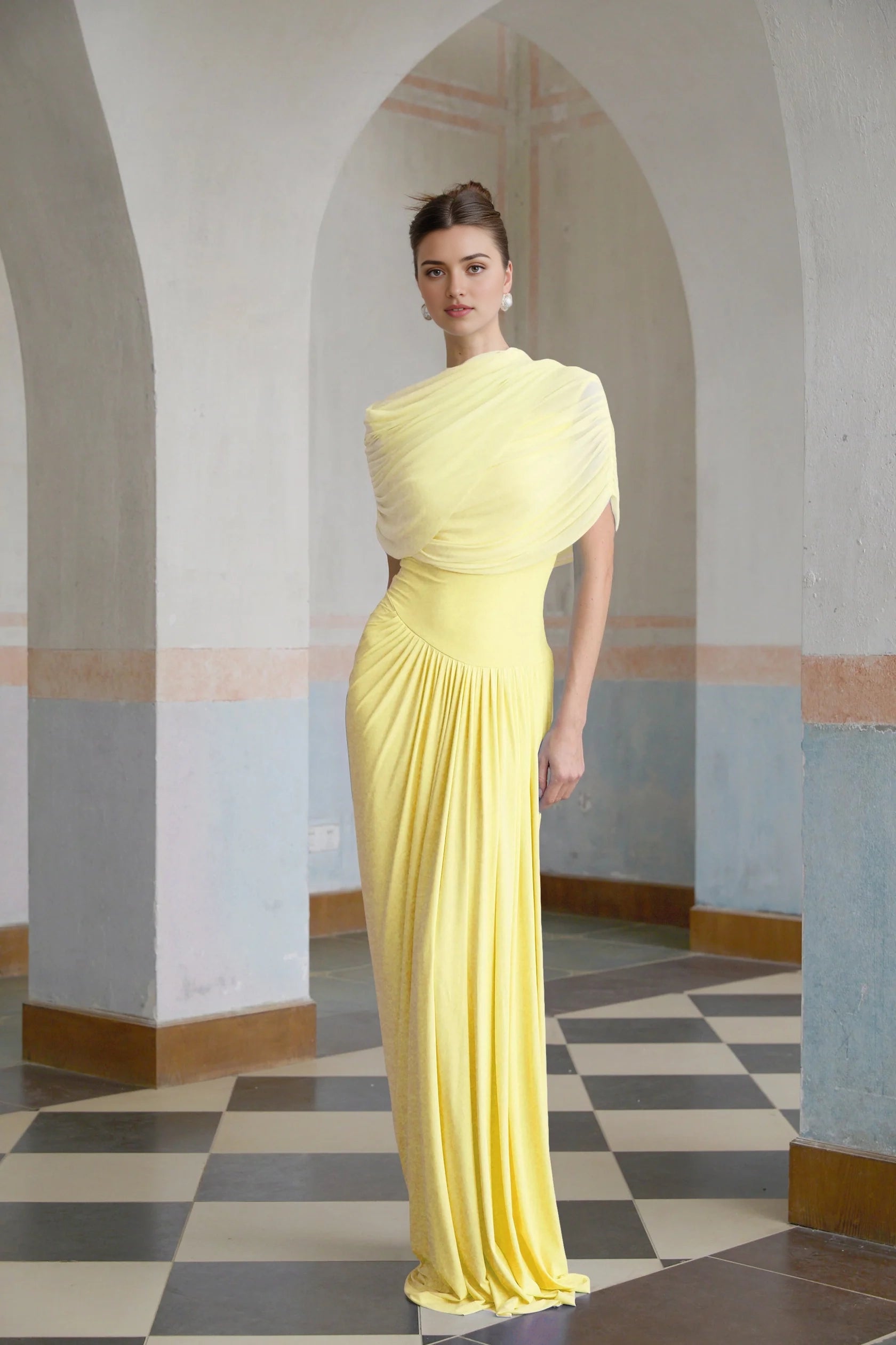 Yellow Draped One - Shoulder Evening Gown asymmetrical pleated maxi dress in Yellow Evening Dress
