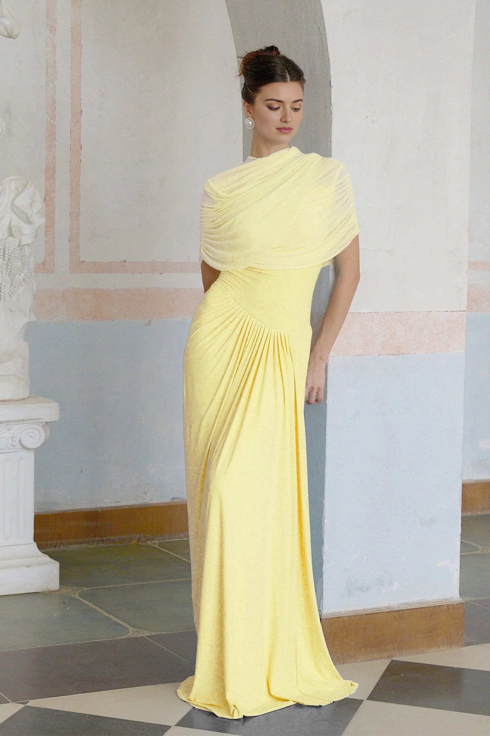 Yellow Draped One - Shoulder Evening Gown asymmetrical pleated maxi dress in Yellow Evening Dress