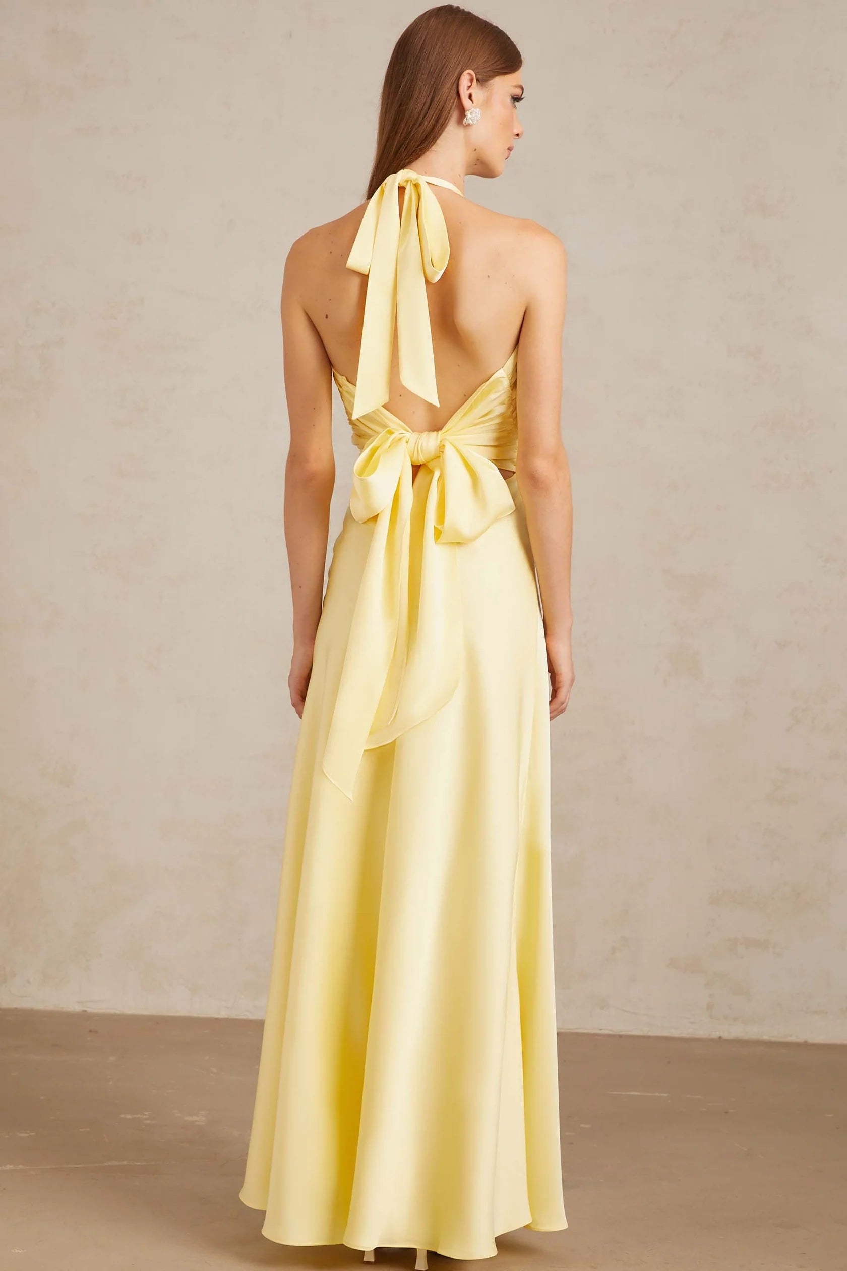 Yellow Halter Neck Back Bow Maxi Dress Yellow Self-Tie Halterneck Maxi Dress Evening Dress