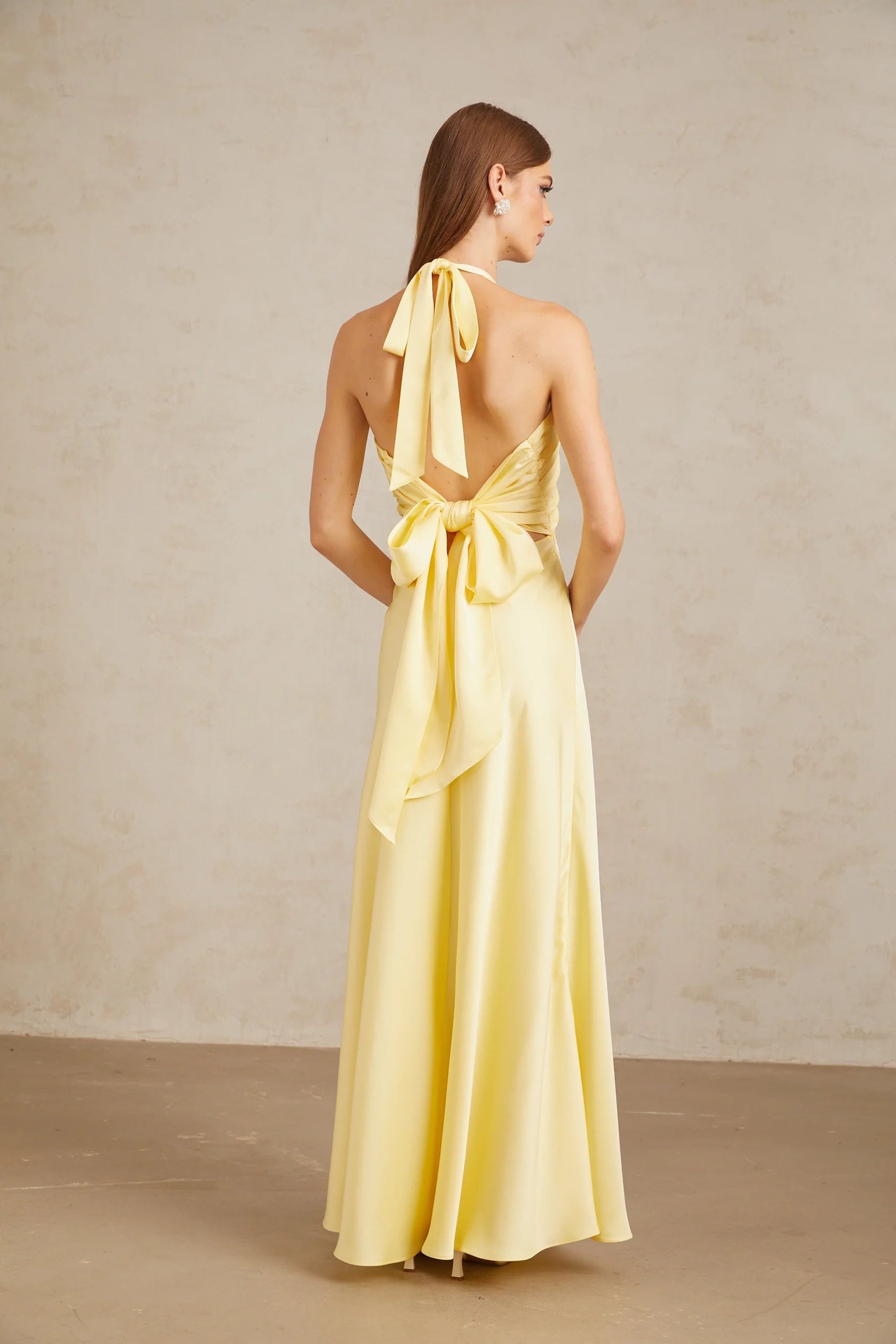 Yellow Halter Neck Back Bow Maxi Dress Yellow Self-Tie Halterneck Maxi Dress Evening Dress
