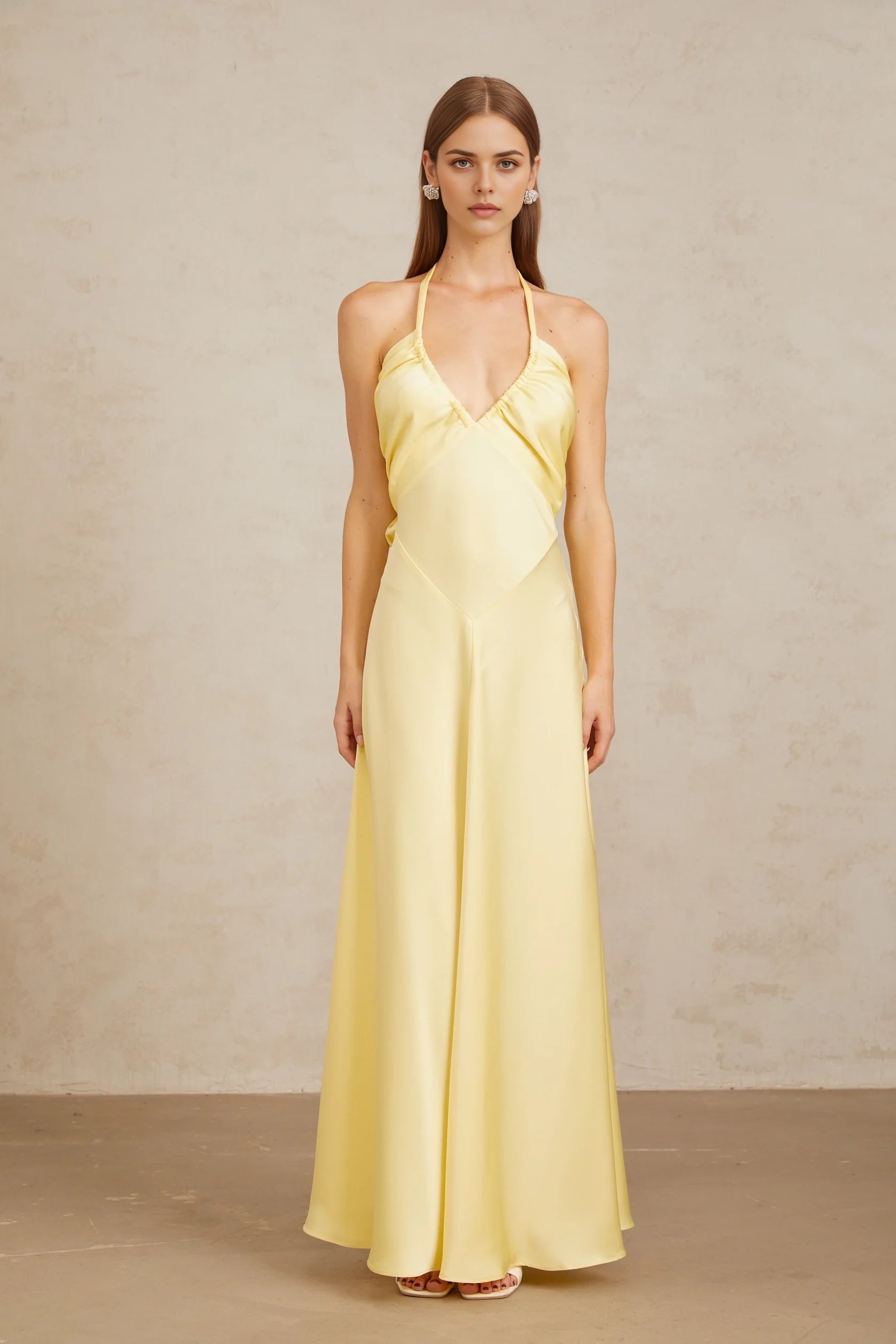 Yellow Halter Neck Back Bow Maxi Dress Yellow Self-Tie Halterneck Maxi Dress Evening Dress