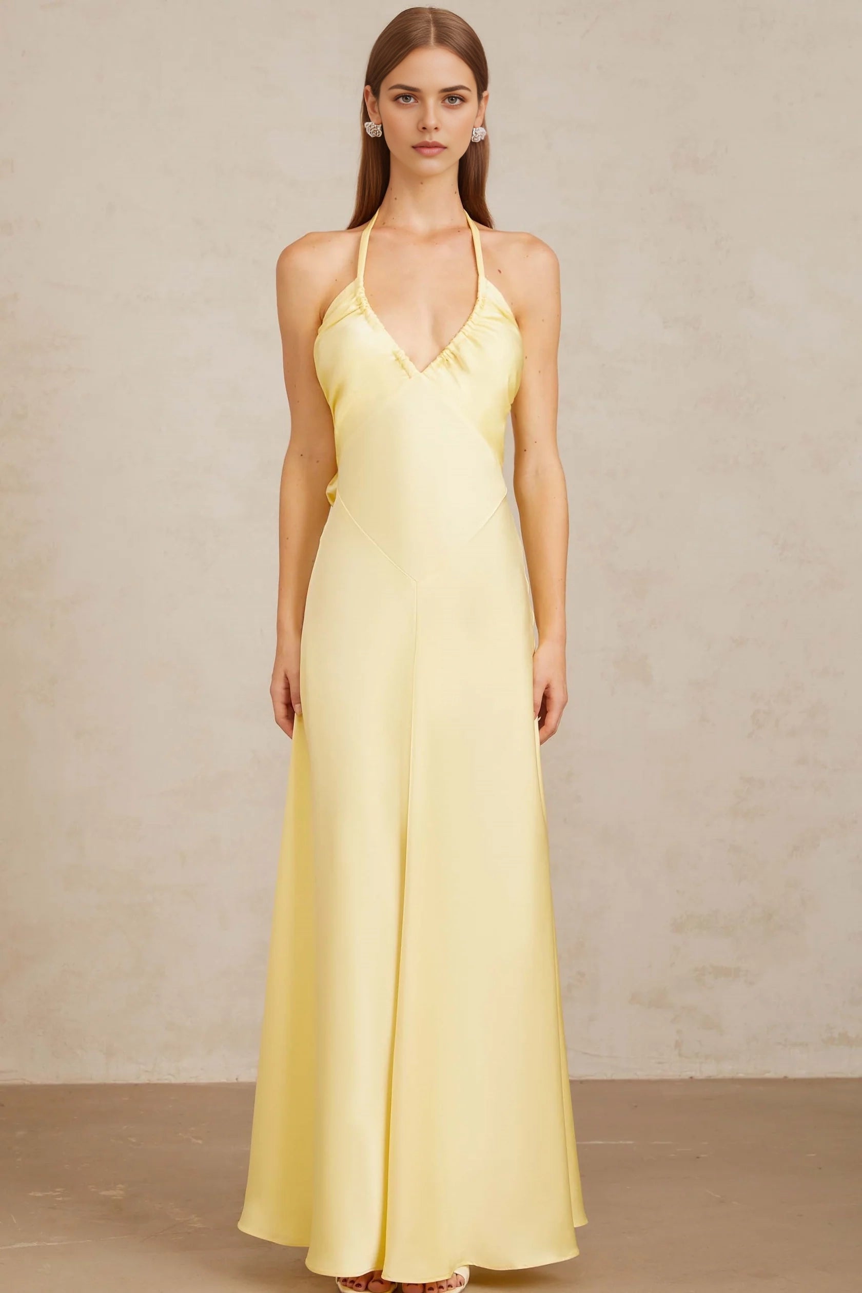 Yellow Halter Neck Back Bow Maxi Dress Yellow Self-Tie Halterneck Maxi Dress Evening Dress