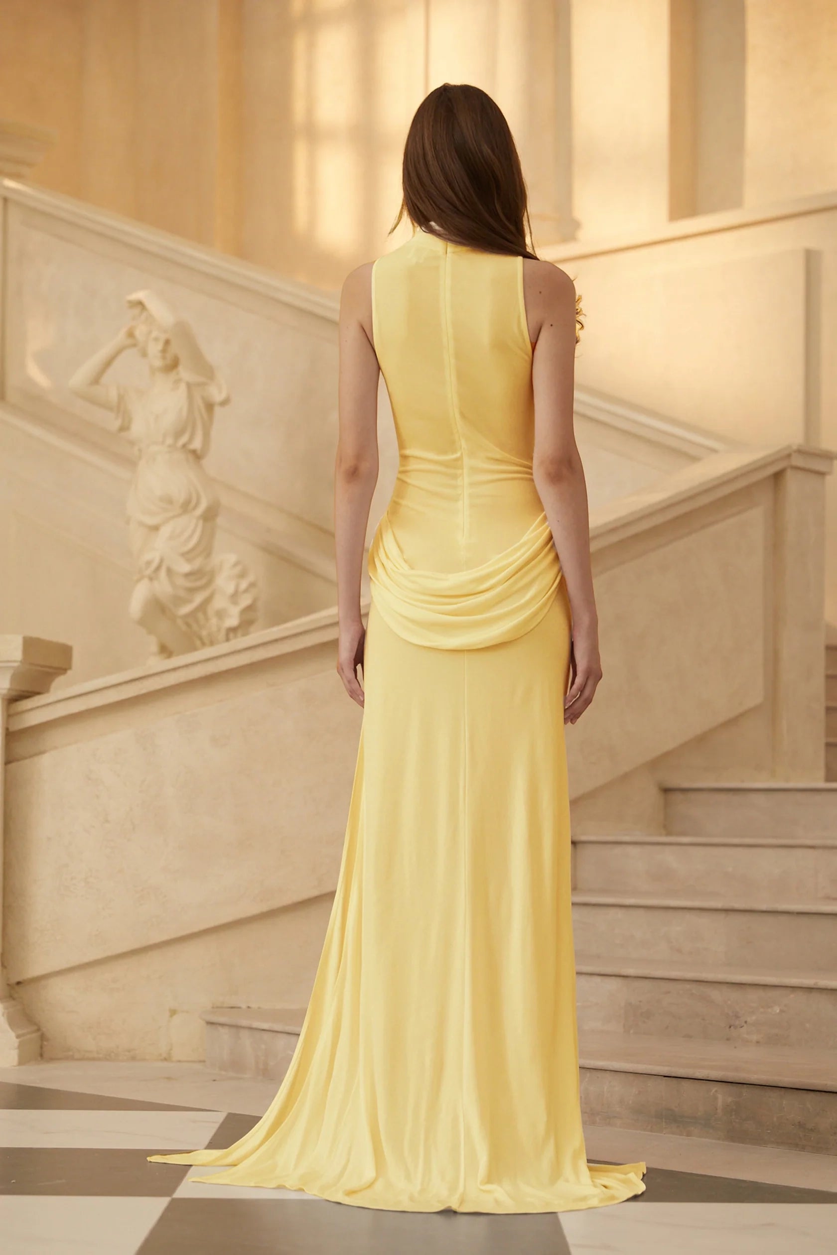 Yellow High Neck Sleeveless Maxi Dress with Draped Detail and Slit Yellow Turtleneck Draped Maxi Dress   Evening Dress
