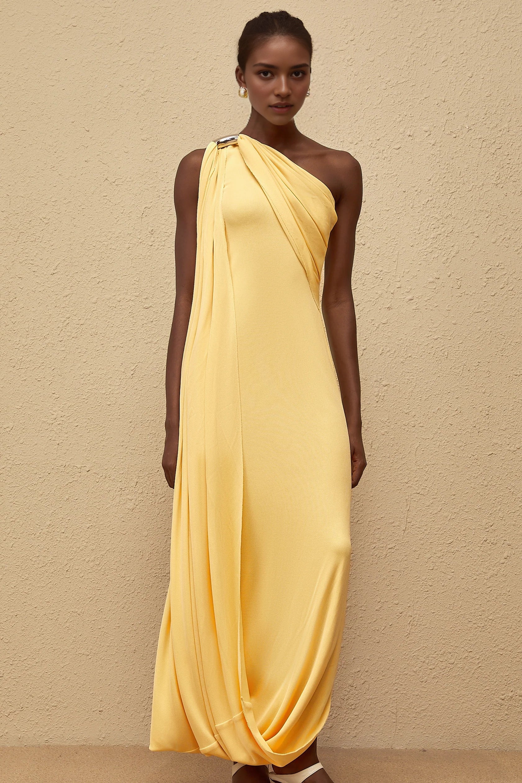 Yellow One - Shoulder Draped Maxi Dress Garance Yellow Draped Asymmetrical Maxi Dress Evening Dress