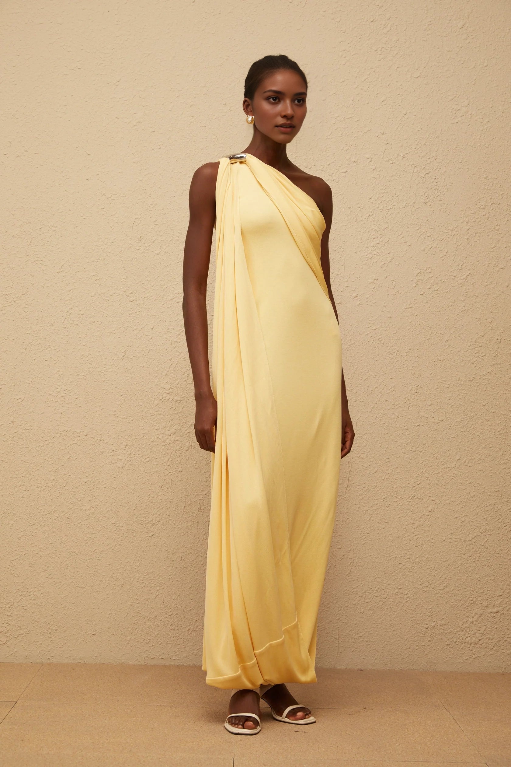 Yellow One - Shoulder Draped Maxi Dress Garance Yellow Draped Asymmetrical Maxi Dress Evening Dress