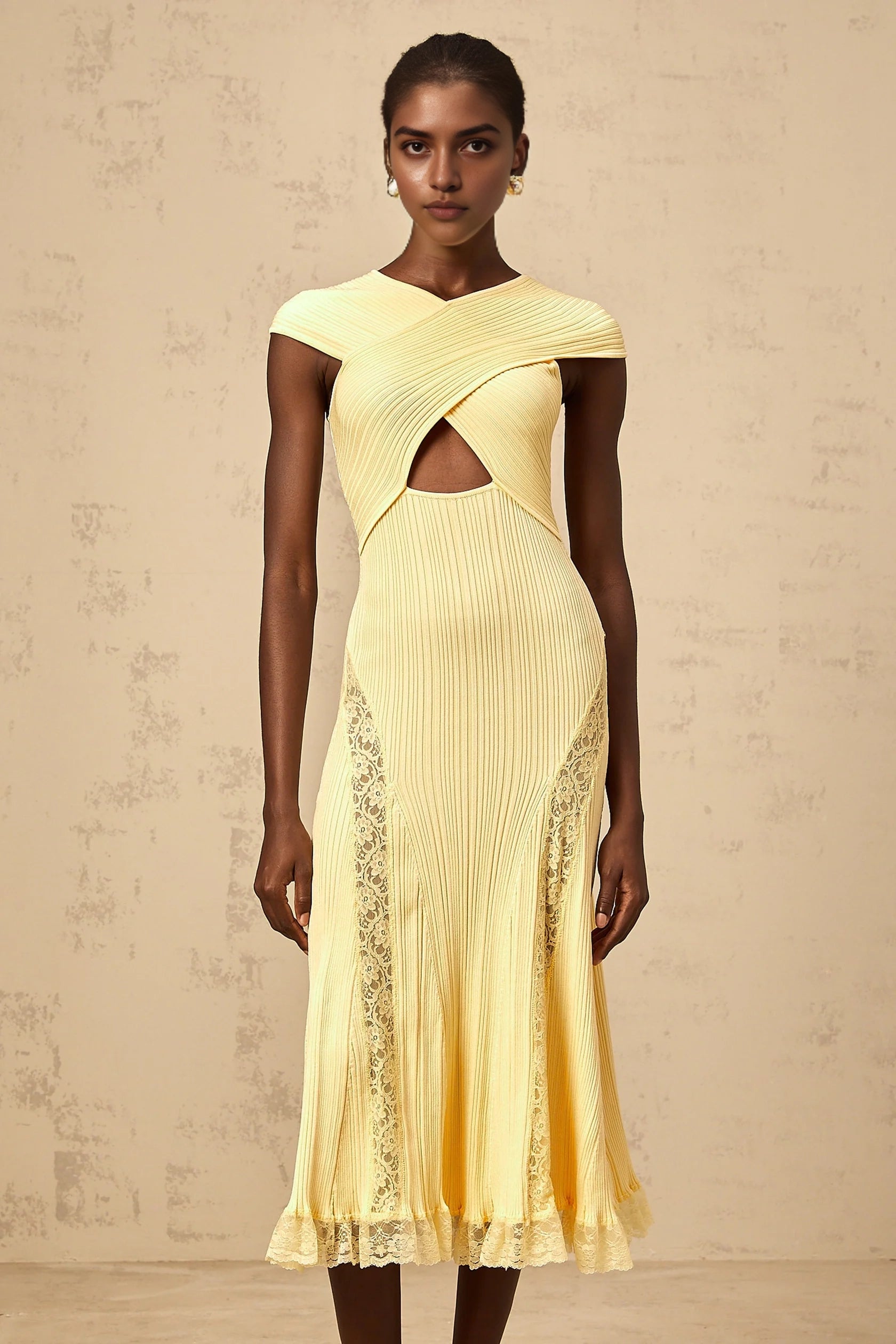 Yellow Ribbed Midi Dress with Lace Trim and Cutout Detail yellow lace-panelled rib-knit midi dress Evening Dress