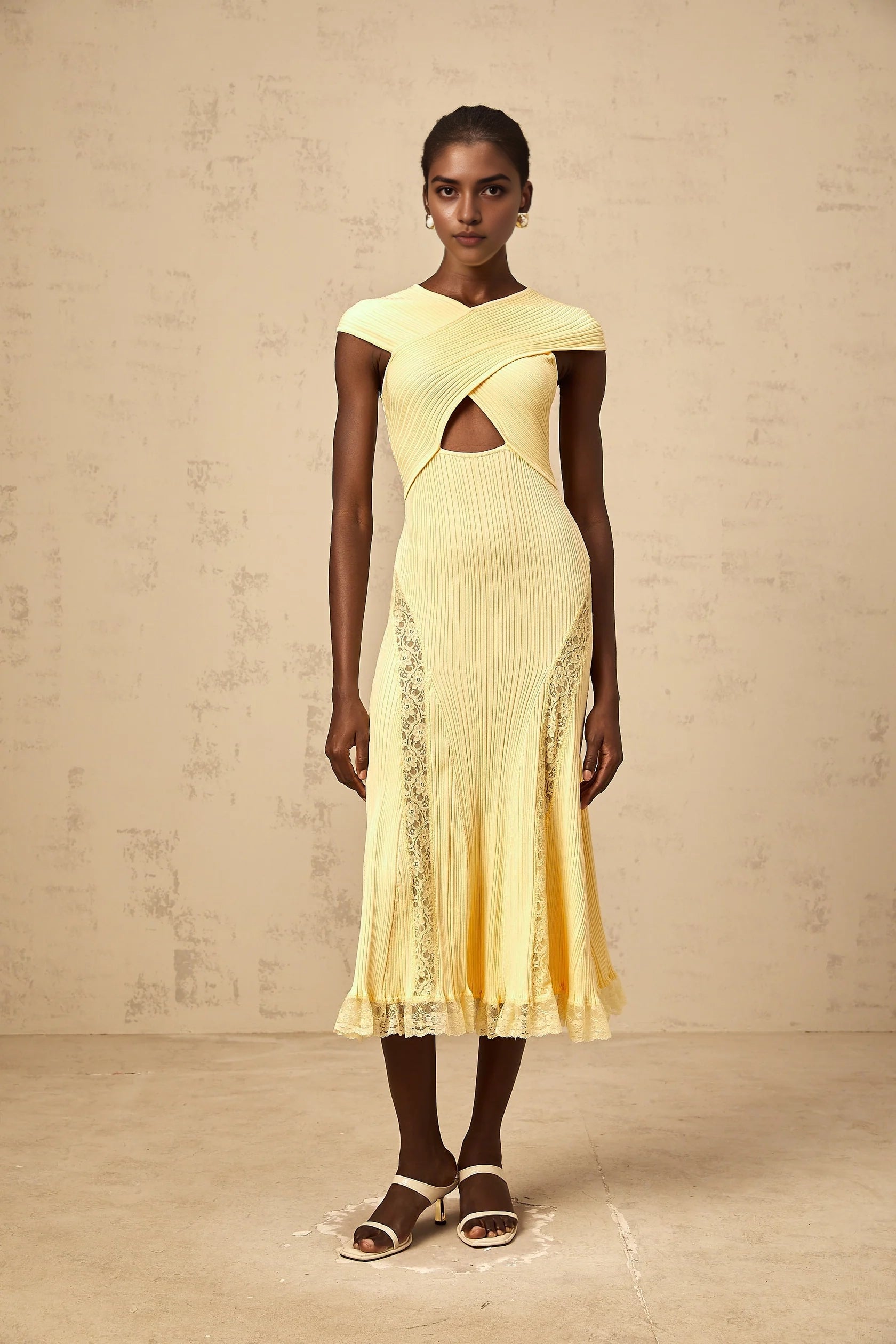 Yellow Ribbed Midi Dress with Lace Trim and Cutout Detail yellow lace-panelled rib-knit midi dress Evening Dress