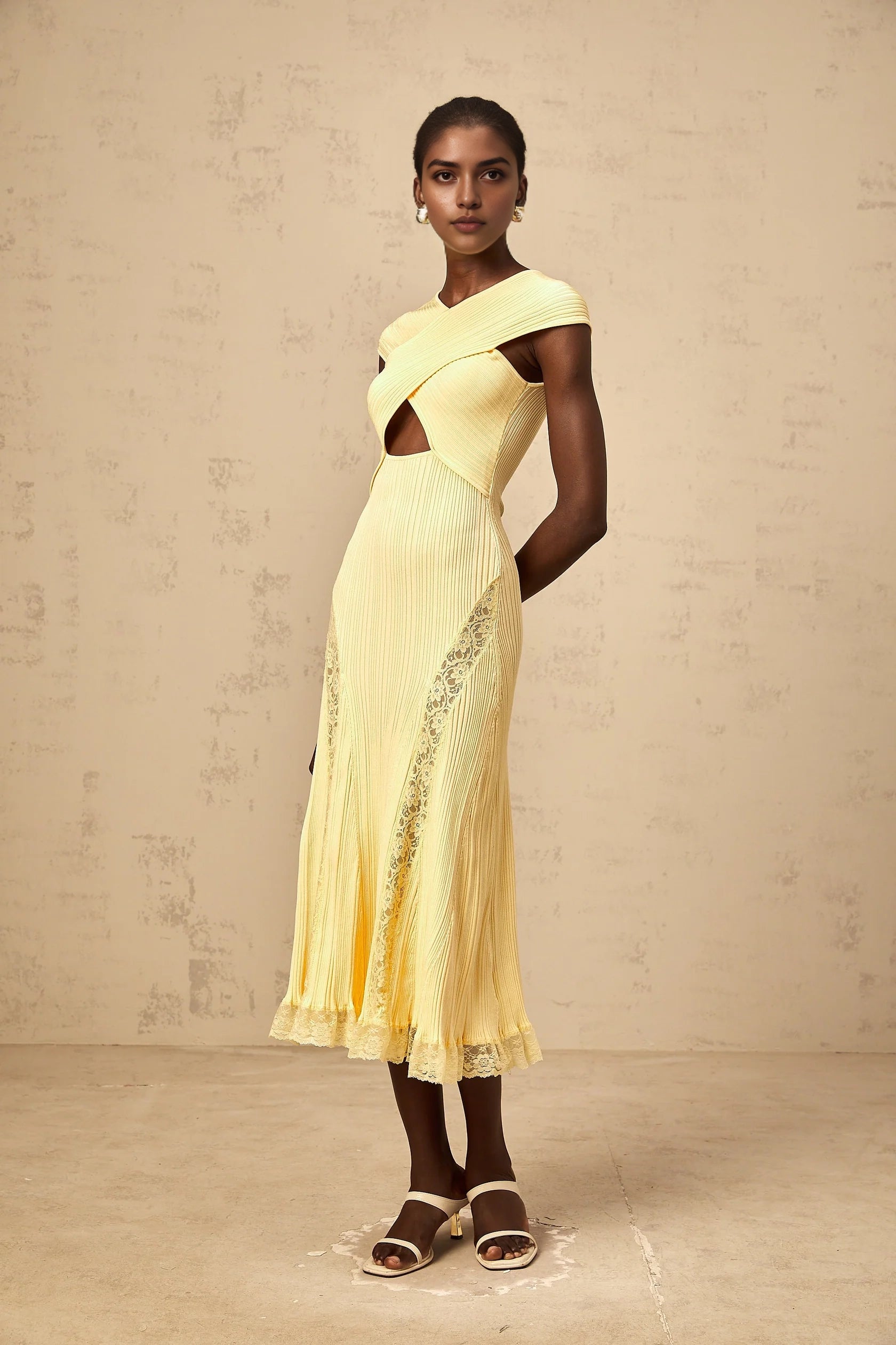 Yellow Ribbed Midi Dress with Lace Trim and Cutout Detail yellow lace-panelled rib-knit midi dress Evening Dress