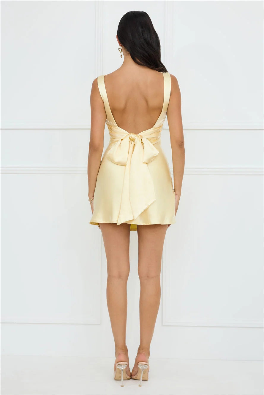 Yellow Satin Mini Dress with Open Back and Bow Detail Satin.Back tie.  Short Prom Dress