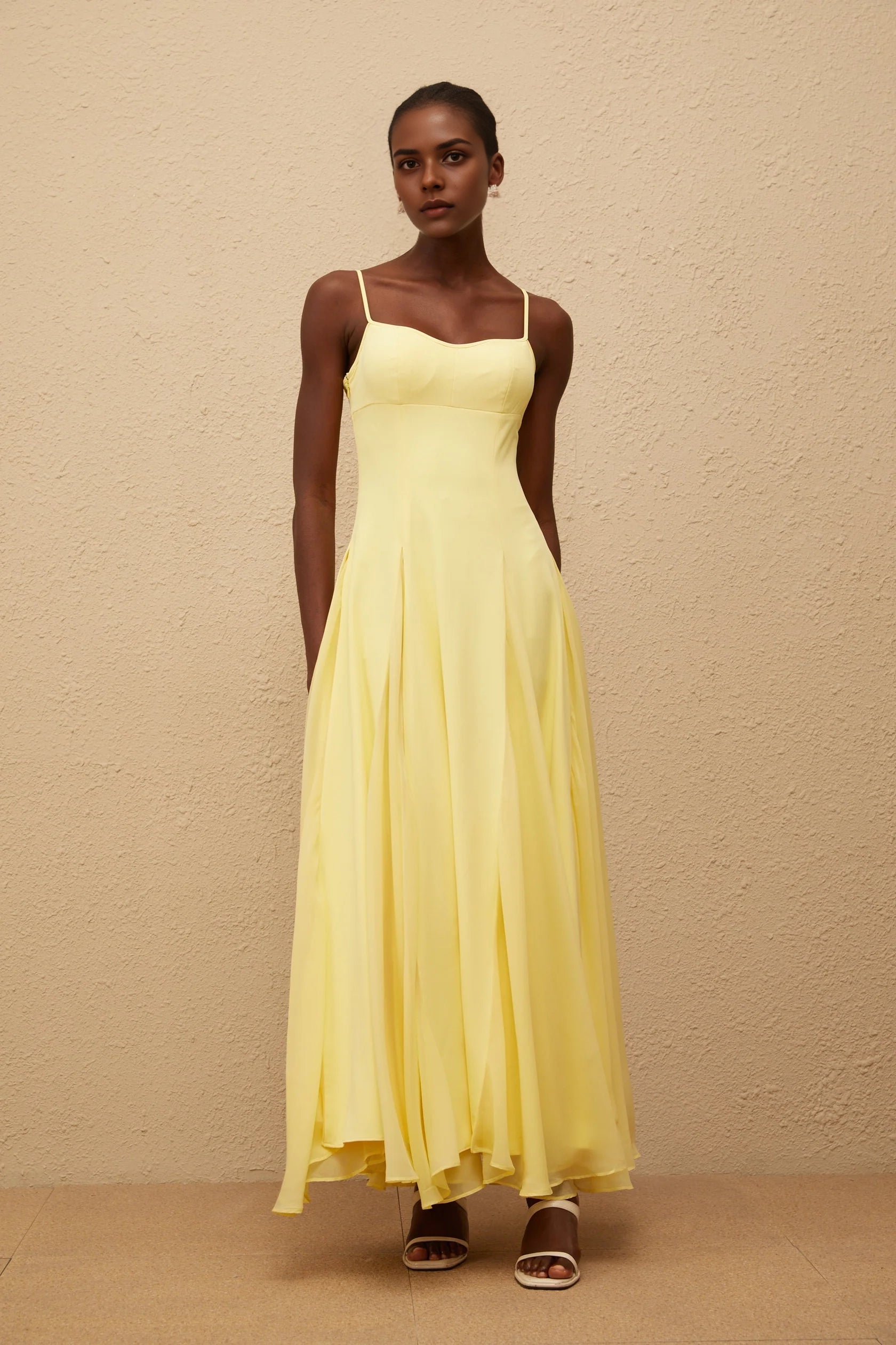 Yellow Spaghetti Strap Flowy Maxi Dress Sofie Yellow Pleated Maxi Dress Evening Dress
