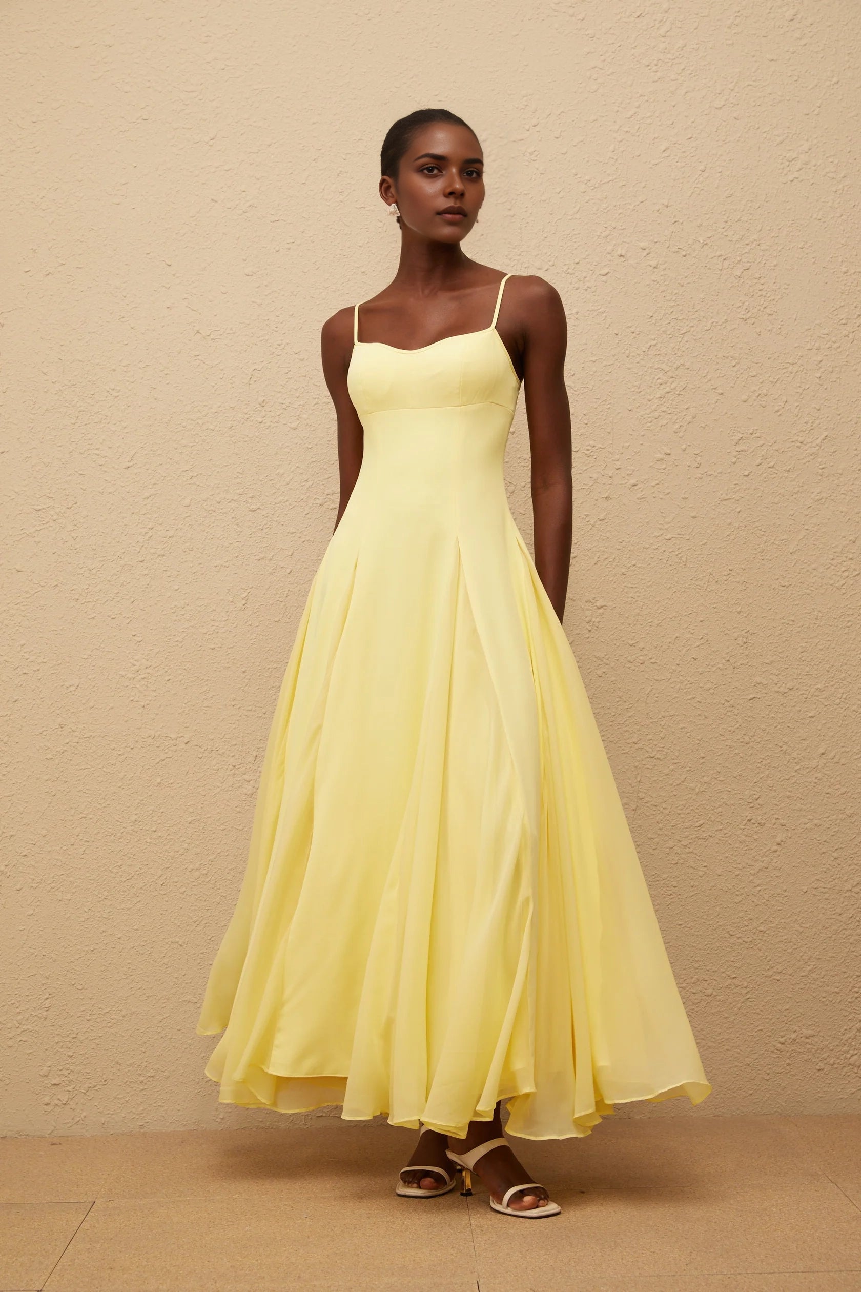 Yellow Spaghetti Strap Flowy Maxi Dress Sofie Yellow Pleated Maxi Dress Evening Dress