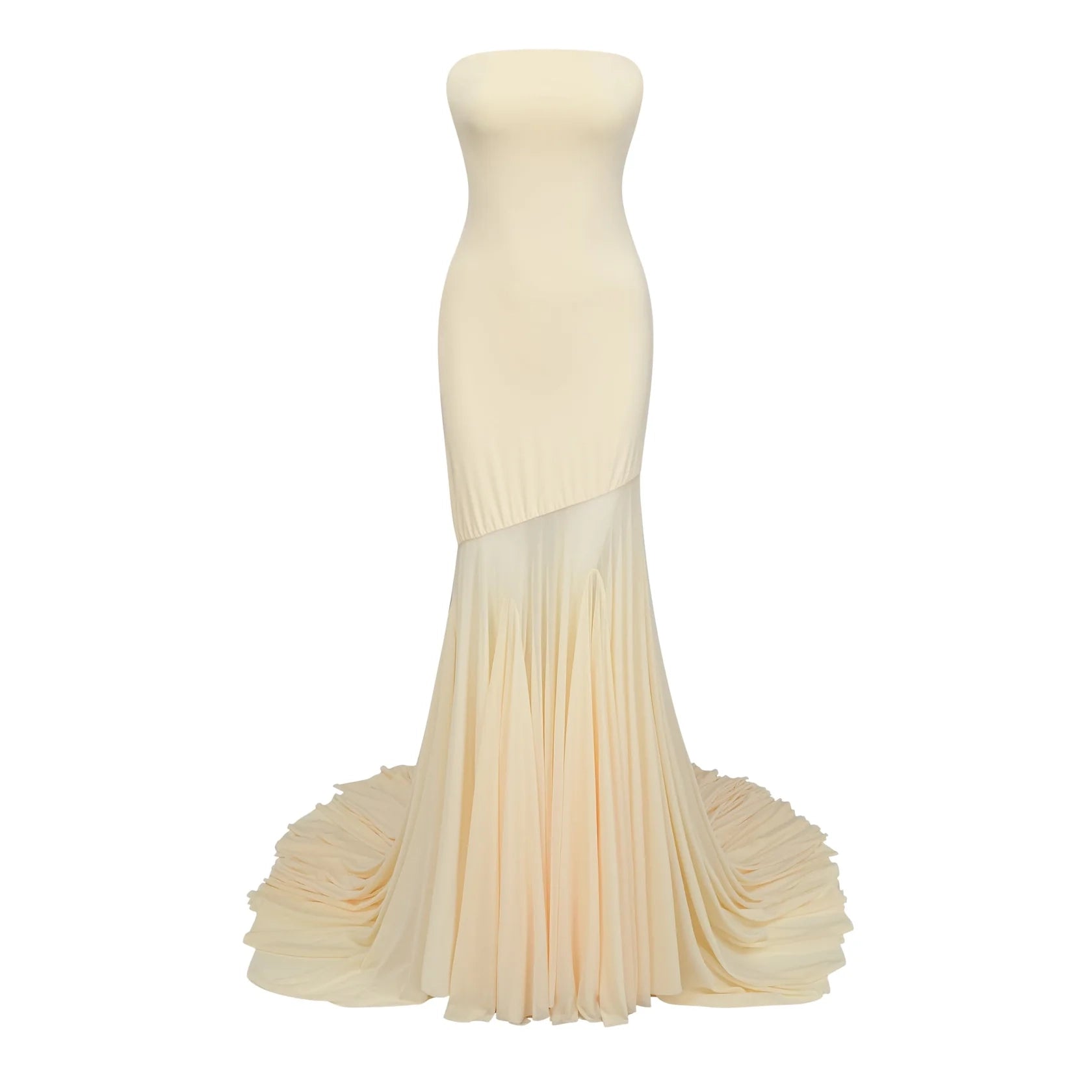 Yellow Strapless Asymmetric Tulle Gown yellow off-shoulder sheer tulle maxi dress Evening Dress