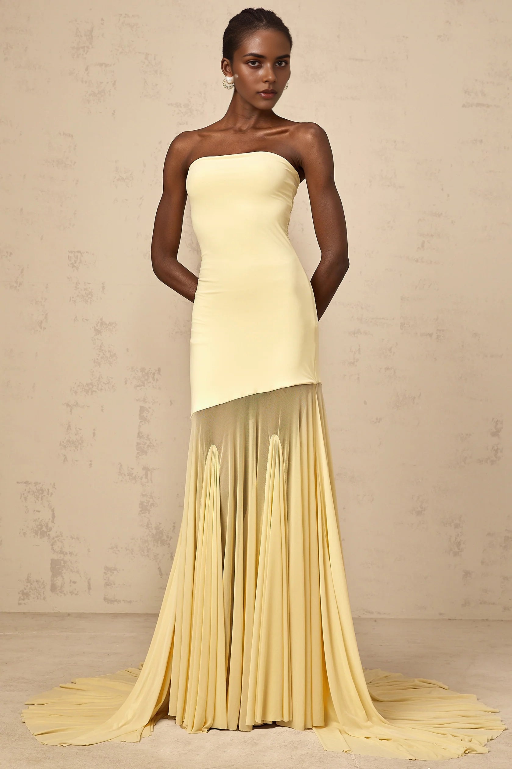 Yellow Strapless Asymmetric Tulle Gown yellow off-shoulder sheer tulle maxi dress Evening Dress