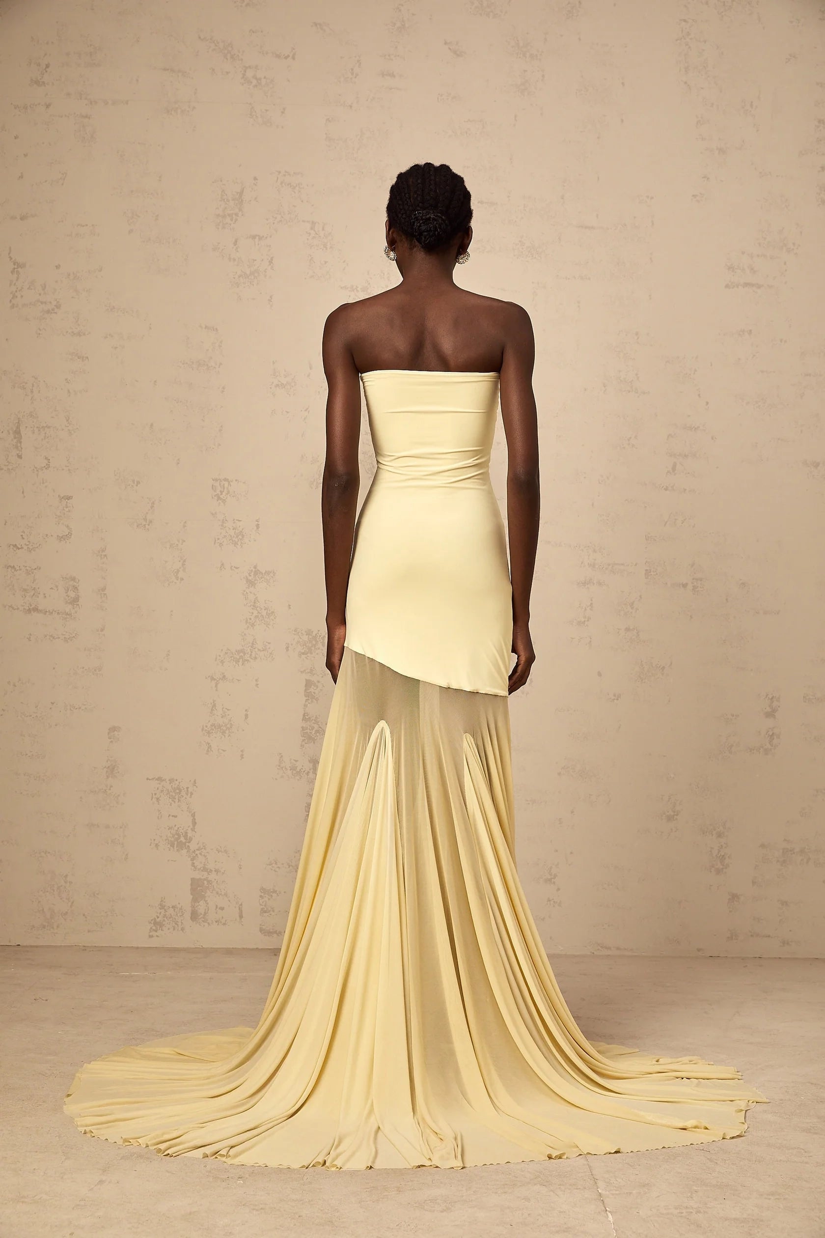 Yellow Strapless Asymmetric Tulle Gown yellow off-shoulder sheer tulle maxi dress Evening Dress