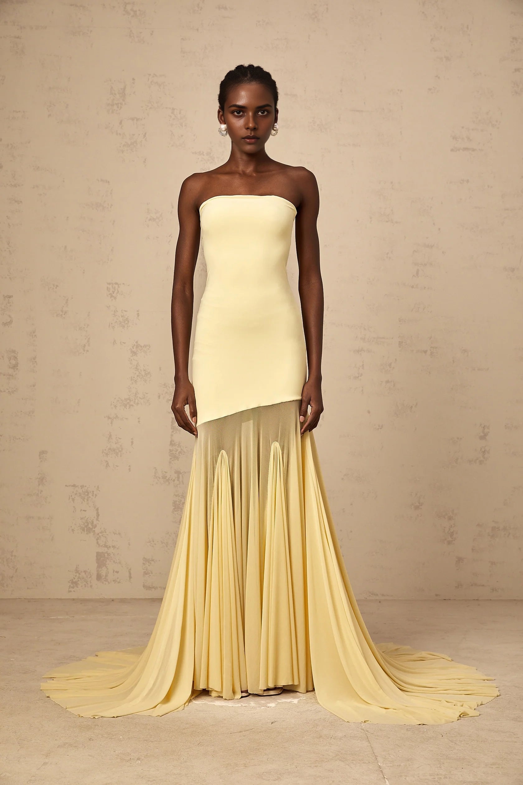 Yellow Strapless Asymmetric Tulle Gown yellow off-shoulder sheer tulle maxi dress Evening Dress