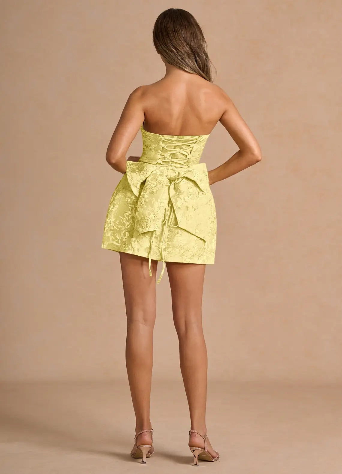 Yellow Strapless Jacquard Mini Dress with Lace - Up Back and Bow Detail Hadleigh Yellow Mini Dress Homecoming Dresses