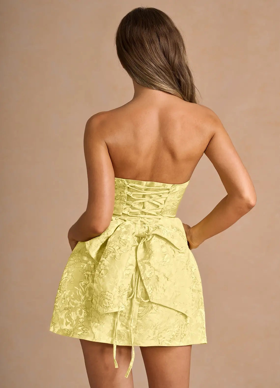 Yellow Strapless Jacquard Mini Dress with Lace - Up Back and Bow Detail Hadleigh Yellow Mini Dress Homecoming Dresses