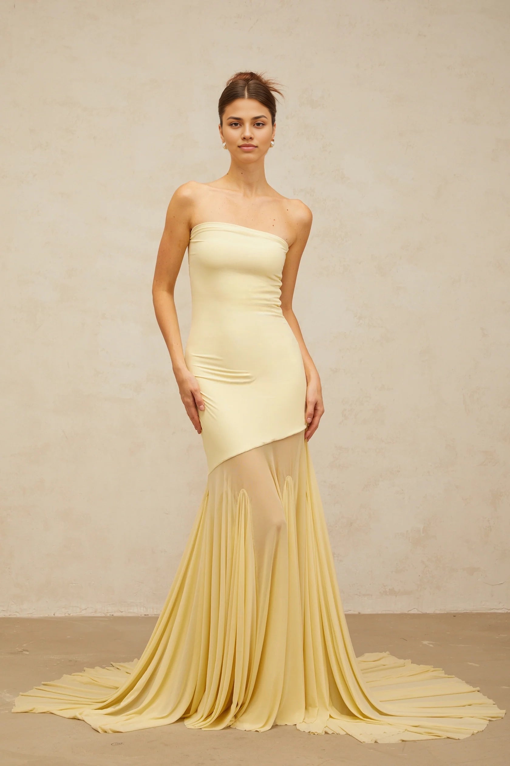 Yellow Strapless Sheer Mermaid Maxi Dress Josiane yellow off-shoulder sheer tulle maxi dress Evening Dress