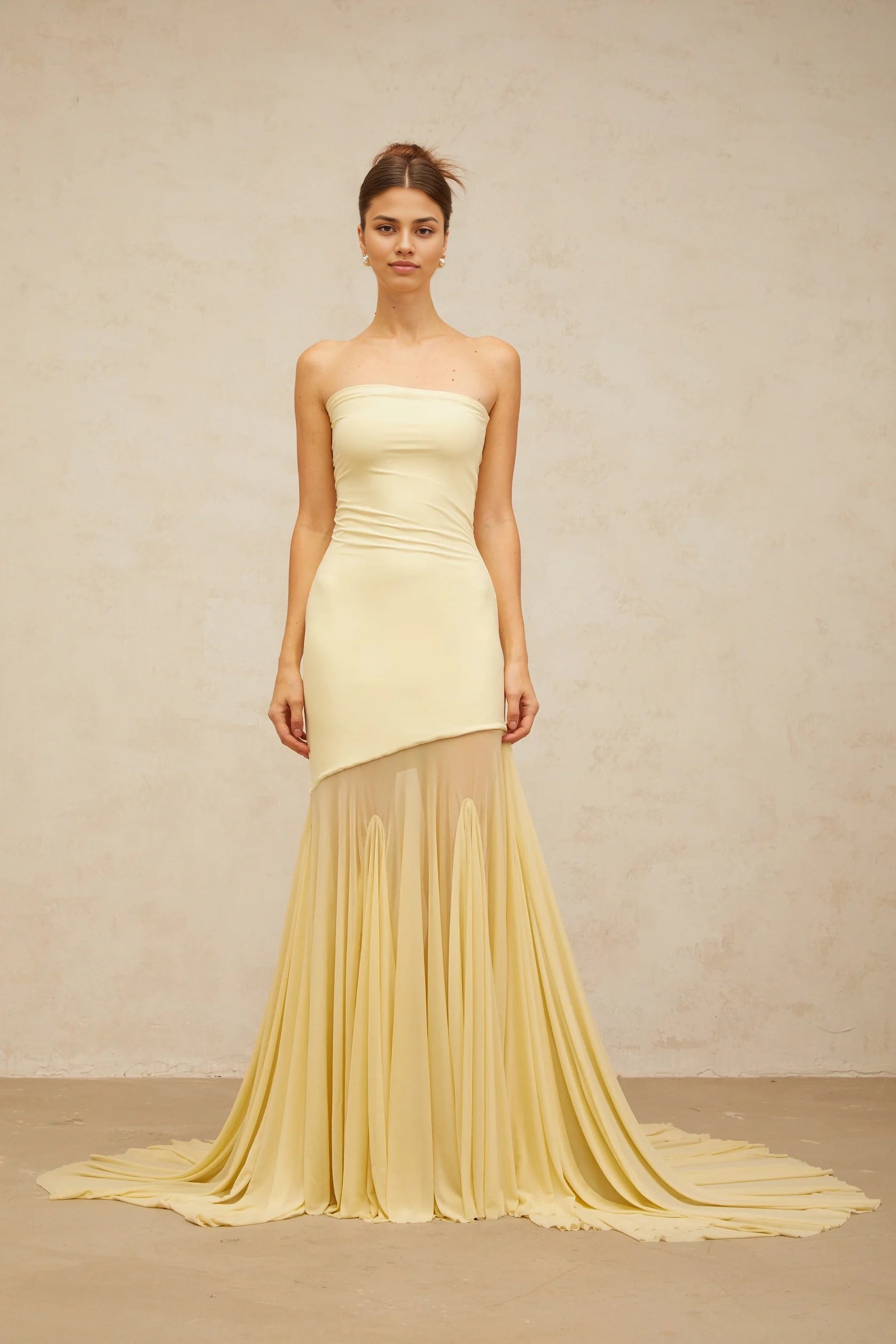 Yellow Strapless Sheer Mermaid Maxi Dress Josiane yellow off-shoulder sheer tulle maxi dress Evening Dress