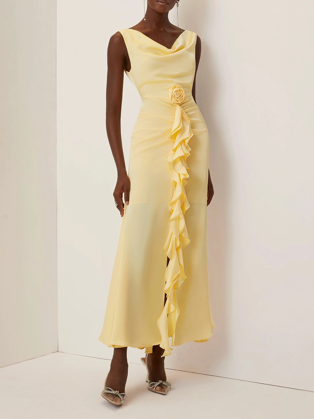 Yellow 3D Floral Peplum Satin Cowl Neck Sleeveless Mermaid Maxi Dress simple gentle atmospheric and unique desi Bring summer colors to enhance whiteness