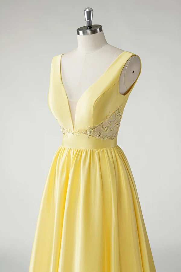 Yellow A Line Deep V-Neck Long Prom Dress simple gentle atmospheric and unique desi Bring summer colors to enhance whiteness