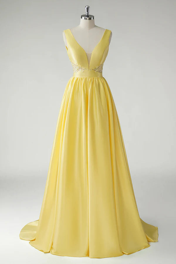 Yellow A Line Deep V-Neck Long Prom Dress simple gentle atmospheric and unique desi Bring summer colors to enhance whiteness
