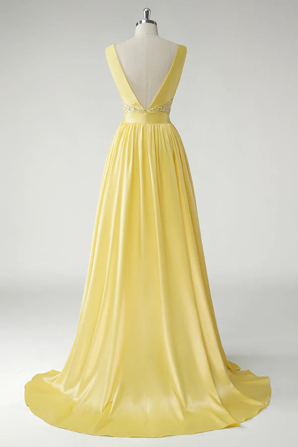 Yellow A Line Deep V-Neck Long Prom Dress simple gentle atmospheric and unique desi Bring summer colors to enhance whiteness