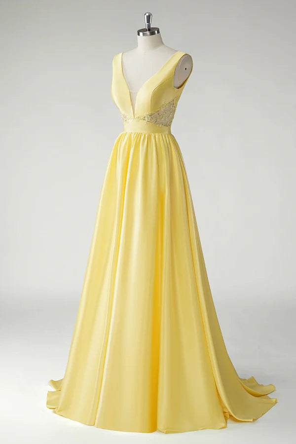 Yellow A Line Deep V-Neck Long Prom Dress simple gentle atmospheric and unique desi Bring summer colors to enhance whiteness
