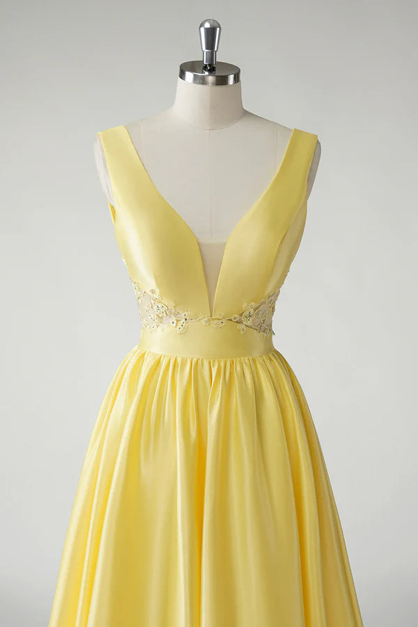 Yellow A Line Deep V-Neck Long Prom Dress simple gentle atmospheric and unique desi Bring summer colors to enhance whiteness