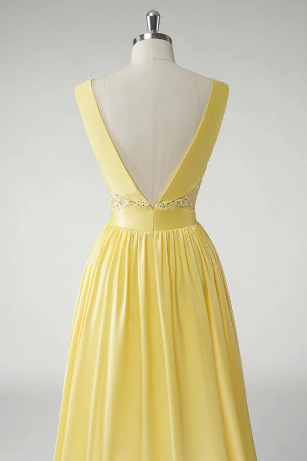 Yellow A Line Deep V-Neck Long Prom Dress simple gentle atmospheric and unique desi Bring summer colors to enhance whiteness