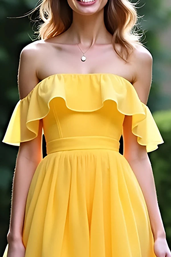 Yellow A Line Off The Shoulder Ruffled Long Prom Dress With Slit simple gentle atmospheric and unique desi Bring summer colors to enhance whiteness