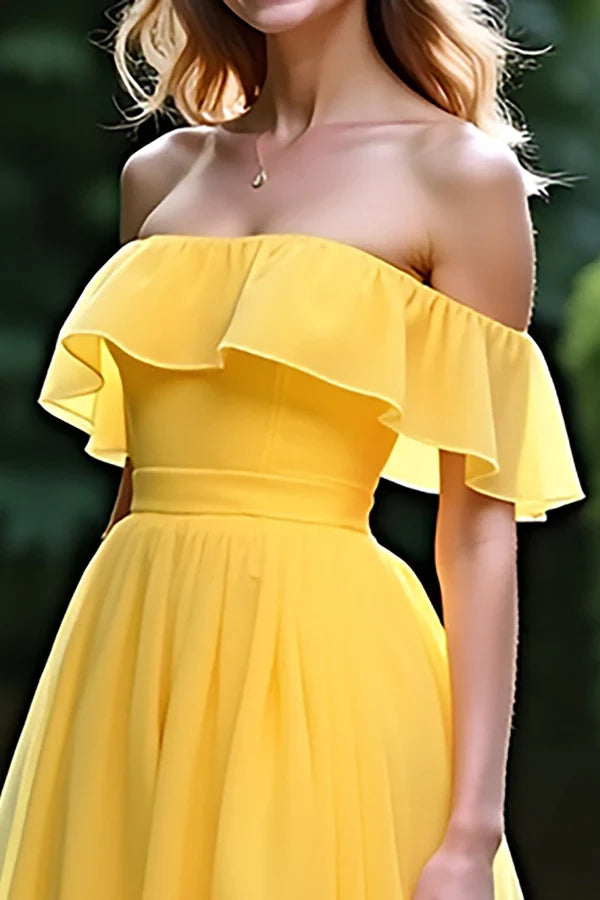 Yellow A Line Off The Shoulder Ruffled Long Prom Dress With Slit simple gentle atmospheric and unique desi Bring summer colors to enhance whiteness
