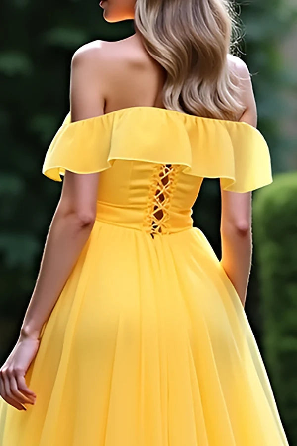 Yellow A Line Off The Shoulder Ruffled Long Prom Dress With Slit simple gentle atmospheric and unique desi Bring summer colors to enhance whiteness