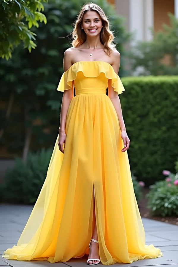 Yellow A Line Off The Shoulder Ruffled Long Prom Dress With Slit simple gentle atmospheric and unique desi Bring summer colors to enhance whiteness