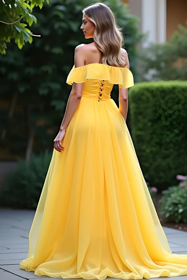 Yellow A Line Off The Shoulder Ruffled Long Prom Dress With Slit simple gentle atmospheric and unique desi Bring summer colors to enhance whiteness